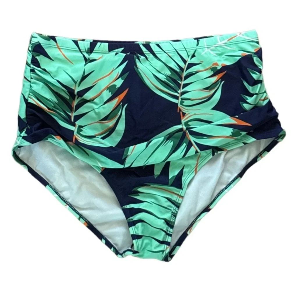 Navy Blue Molded Bikini Top Retro High Waist Tropical Bottoms NWOT Size XXL
